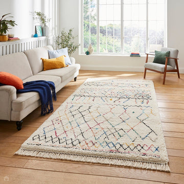 Boho A560 Diamond Modern Moroccan Berber Soft Plush Shaggy White/Multicolour Rug-Think Rugs-Rug Love - The Most Loved Rug Store